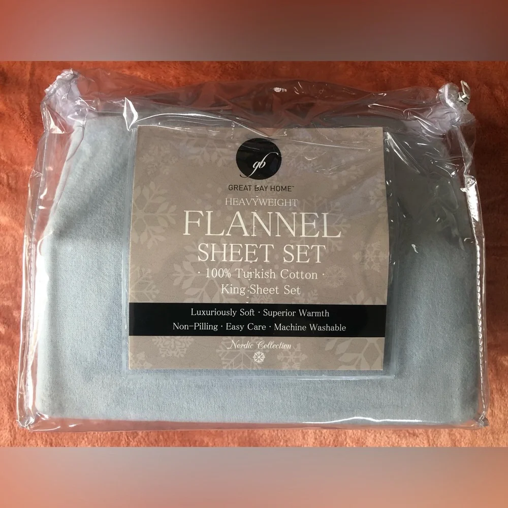FLAT KING SHEET ONLY Great Bay Home Flannel Pearl Blue 100% Turkish Cotton NEW